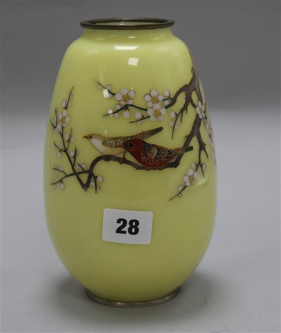 A Japanese cloisonne vase by Ando depicting birds among Prunus blossom, Ando seal mark. height 19cm